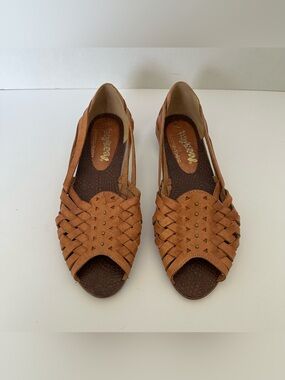 Buskens Women's Brown/Tan Leather Woven Peep Toe Sandals 7.5
